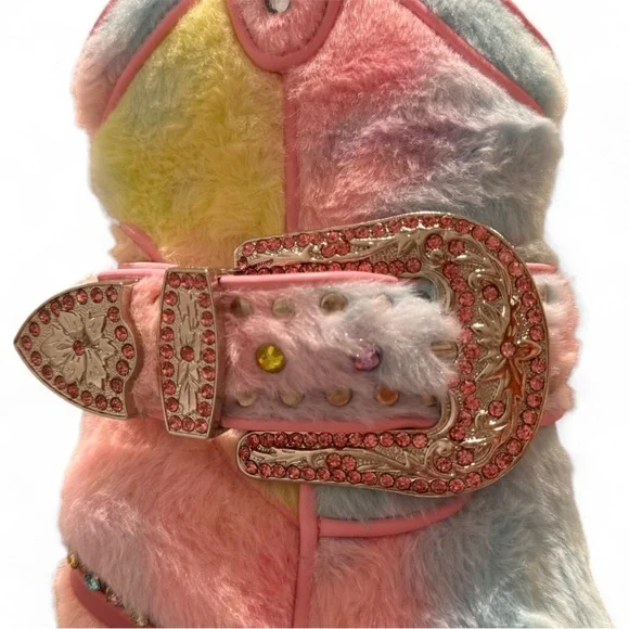 Club Exx Sharp Sheriff Shine Cowboy Boots Rainbow Faux Fur & Rhinestones, Rave - Picture 5 of 11